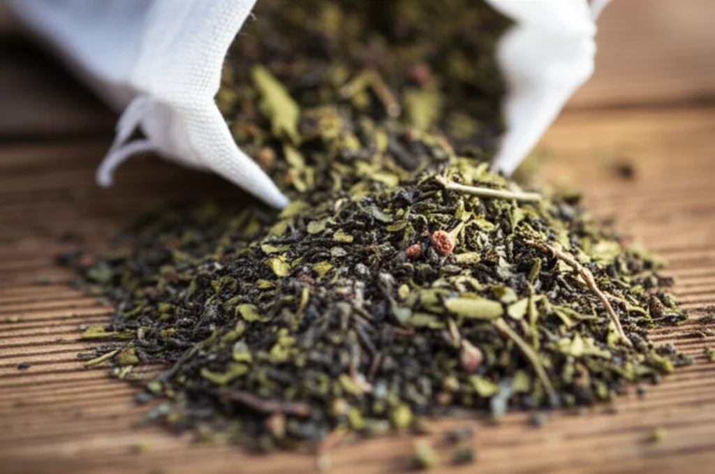 Macro Shot, obiettivo da 85 mm, di foglie di tisane secche che si riversano da un piccolo sacco di tela su una superficie di legno rustica. L'illuminazione controllata evidenzia la consistenza e la varietà delle foglie, alcune che appaiono più scure che suggeriscono potenziali impurità. Dettagli elevati, concentrazione precisa.