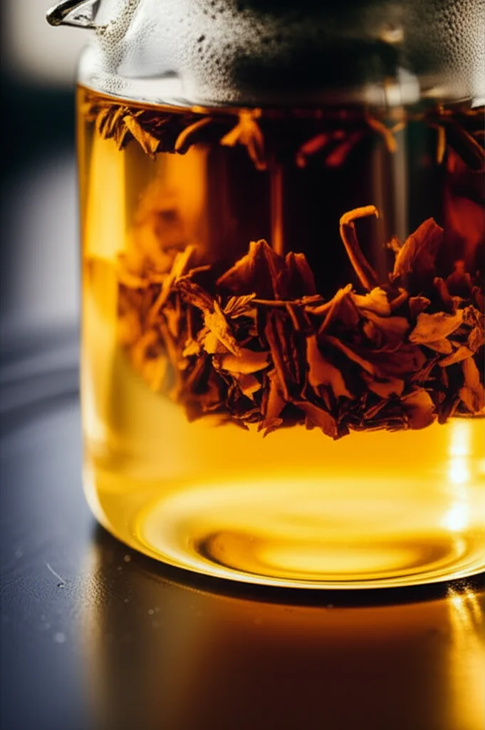 Close-up, lenti macro 100mm, di una teiera in vetro trasparente da tosone a base di erbe. L'attenzione è acuta sulle foglie di tè vorticoso all'interno. La luce morbida e naturale illumina la scena. Alti dettagli catturano minuscole particelle sospese nel liquido di colore caldo, accennando agli elementi disciolti in discussione.