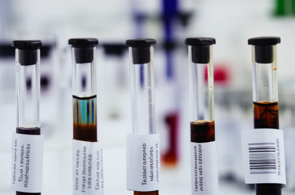 Ambiente di laboratorio, natura morta, lente macro da 60 mm. Tubi di prova contenenti liquidi colorati diversi che rappresentano campioni di tè analizzati si fermano ordinatamente in una griglia di metallo su uno sfondo di laboratorio pulito e leggermente sfocato. Focus preciso sulle etichette (testo sfocato/generico). L'illuminazione controllata e dai toni freddi enfatizza l'aspetto dell'analisi scientifica e dei test di sicurezza.