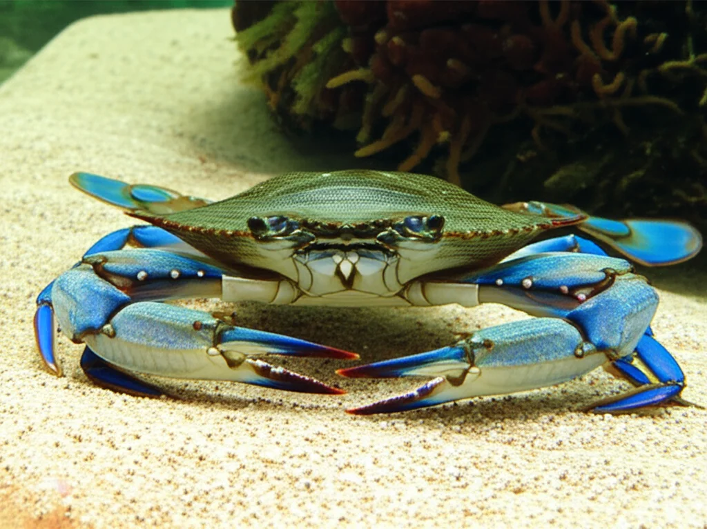 Un granchio blu (Callinectes sapidus) vivo e dai colori vivaci, ripreso con un obiettivo macro da 90mm per evidenziare i dettagli delle chele e del carapace bluastro, su un fondale sabbioso poco profondo con luce naturale controllata.