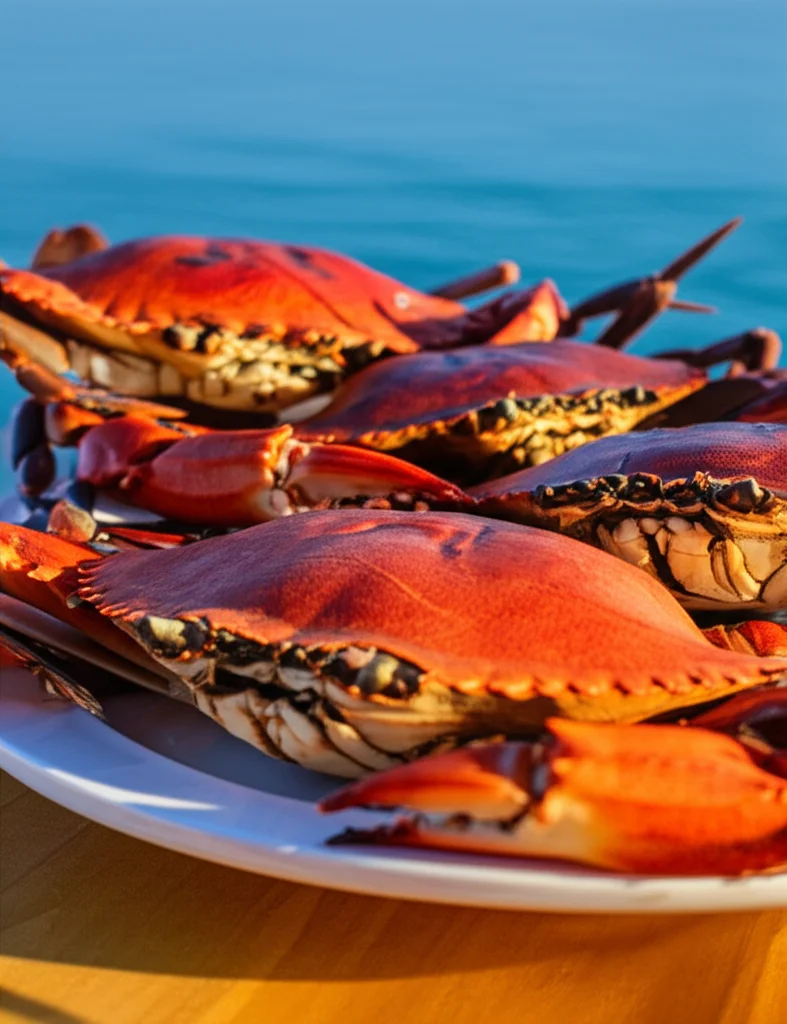 Un piatto invitante di granchi blu cotti al vapore, pronti per essere mangiati, ripreso con obiettivo macro da 70mm, alta definizione sui dettagli della carne bianca e del guscio rosso, illuminazione calda e naturale, su un tavolo all'aperto vicino al mare.