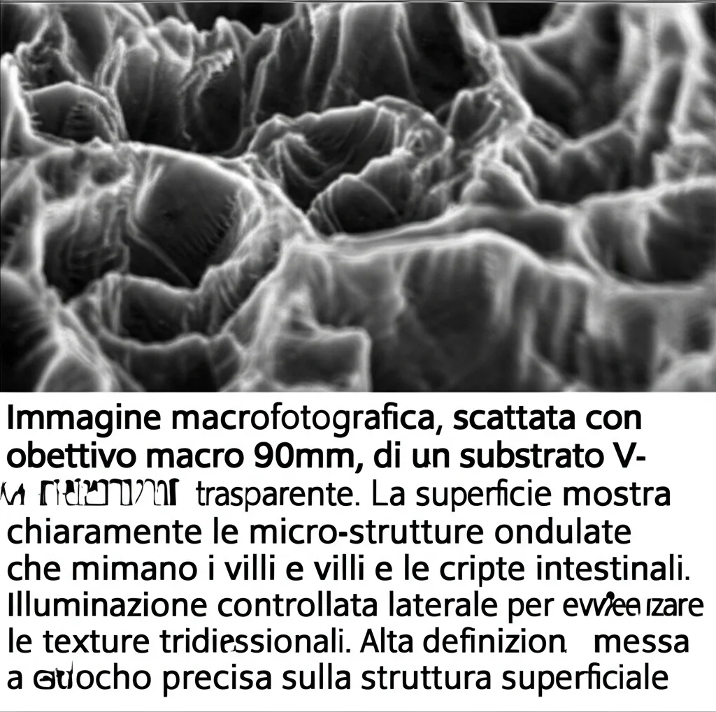 Immagine macrofotografica, scattata con obiettivo macro 90mm, di un substrato V-ECM in PDMS trasparente. La superficie mostra chiaramente le micro-strutture ondulate che mimano i villi e le cripte intestinali. Illuminazione controllata laterale per evidenziare le texture tridimensionali. Alta definizione, messa a fuoco precisa sulla struttura superficiale.