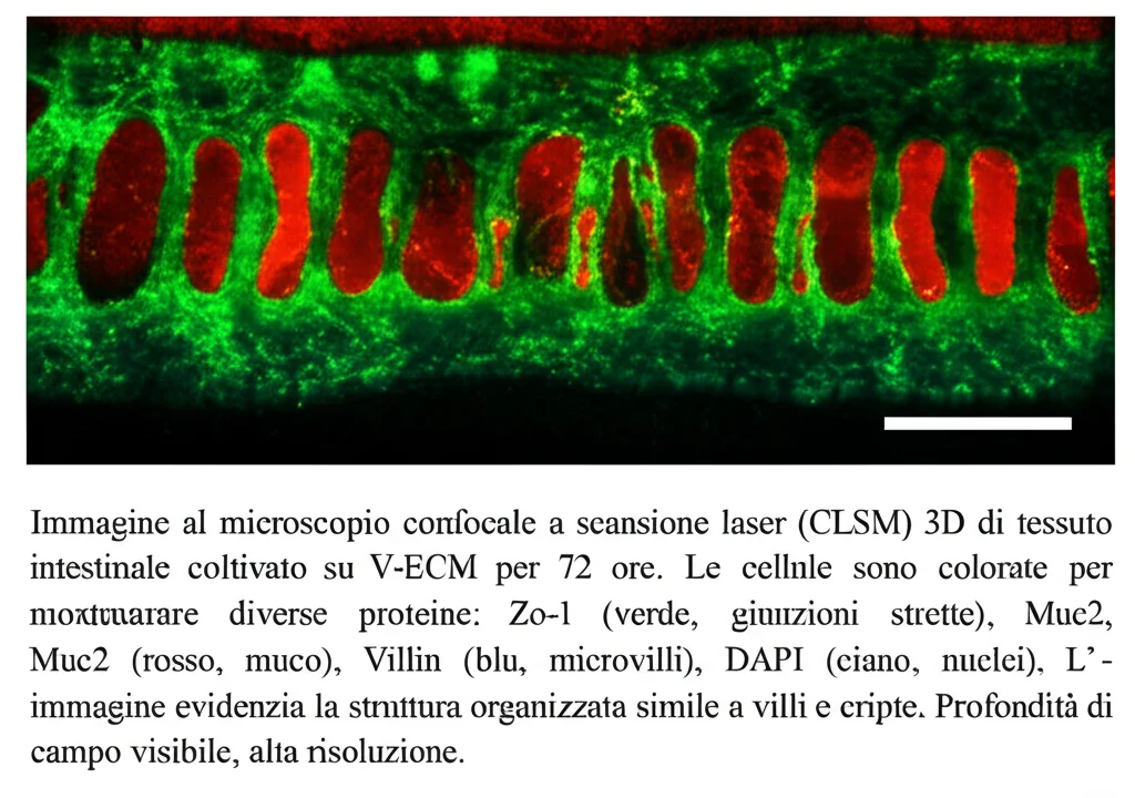 Immagine al microscopio confocale a scansione laser (CLSM) 3D di tessuto intestinale coltivato su V-ECM per 72 ore. Le cellule sono colorate per mostrare diverse proteine: Zo-1 (verde, giunzioni strette), Muc2 (rosso, muco), Villin (blu, microvilli), DAPI (ciano, nuclei). L'immagine evidenzia la struttura organizzata simile a villi e cripte. Profondità di campo visibile, alta risoluzione.