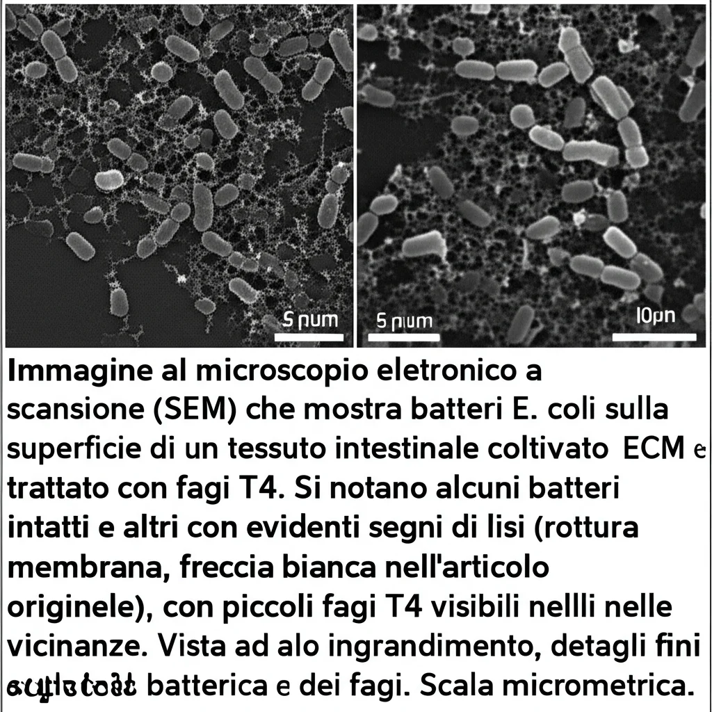 Immagine al microscopio elettronico a scansione (SEM) che mostra batteri E. coli sulla superficie di un tessuto intestinale coltivato su V-ECM e trattato con fagi T4. Si notano alcuni batteri intatti e altri con evidenti segni di lisi (rottura della membrana, freccia bianca nell'articolo originale), con piccoli fagi T4 visibili nelle vicinanze. Vista ad alto ingrandimento, dettagli fini della superficie batterica e dei fagi. Scala micrometrica.