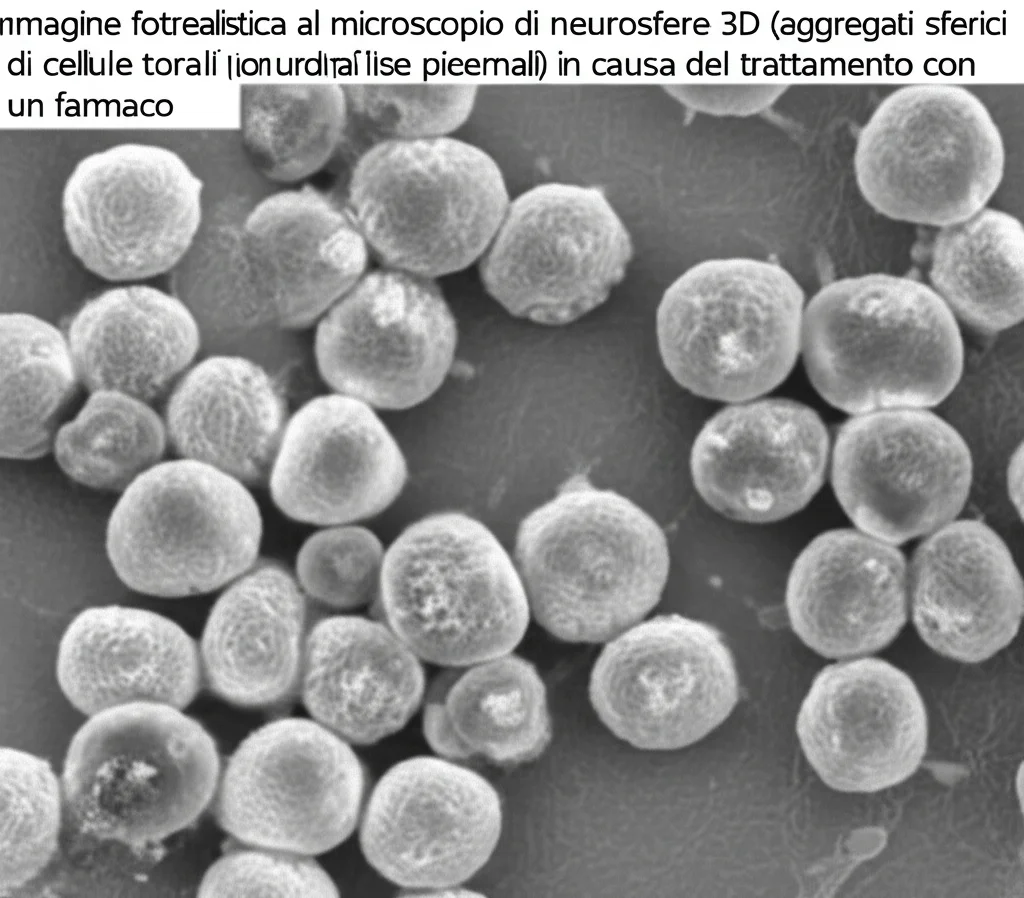 Immagine fotorealistica al microscopio di neurosfere 3D (aggregati sferici di cellule tumorali) in una piastra di coltura. Alcune sfere appaiono più scure o frammentate a causa del trattamento con un farmaco. Obiettivo macro 60mm, illuminazione laterale controllata per evidenziare la tridimensionalità, alta definizione dei dettagli cellulari.