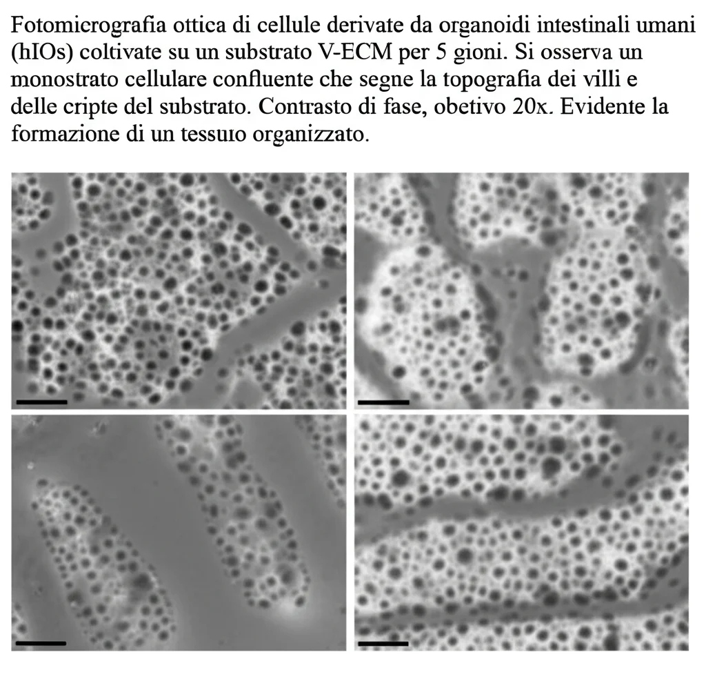 Fotomicrografia ottica di cellule derivate da organoidi intestinali umani (hIOs) coltivate su un substrato V-ECM per 5 giorni. Si osserva un monostrato cellulare confluente che segue la topografia dei villi e delle cripte del substrato. Contrasto di fase, obiettivo 20x. Evidente la formazione di un tessuto organizzato.