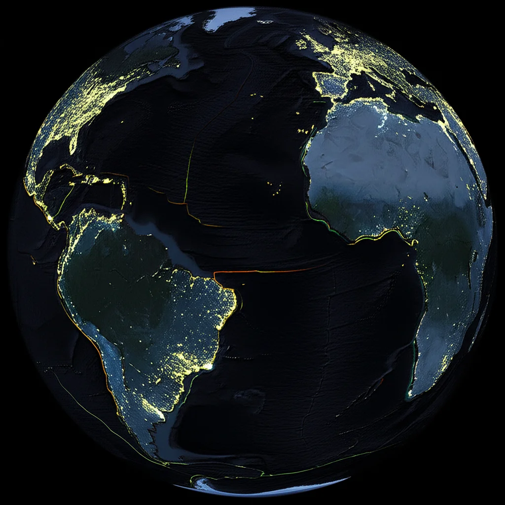 Mappa globale stilizzata che mostra epicentri di terremoti come punti luminosi su una Terra scura, alcuni raggruppati in cluster evidenti lungo le placche tettoniche. Wide-angle lens, 15mm, sharp focus, visualizzazione dati scientifici.