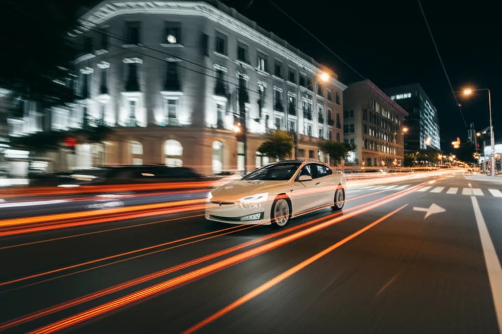 Fotografia di un'auto autonoma moderna su una strada cittadina di notte, teleobiettivo zoom 200mm, fast shutter speed per catturare il movimento delle luci posteriori, tracciamento del movimento.