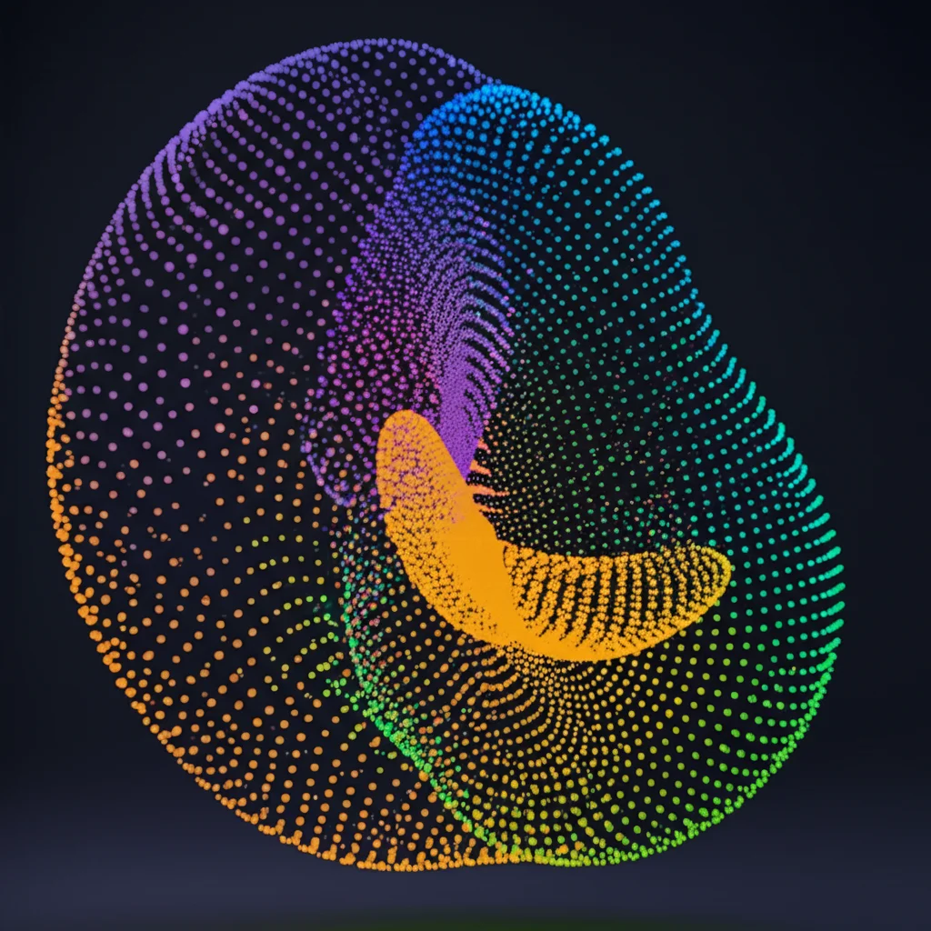 Visualizzazione astratta di diversi cluster di dati (punti colorati) nello spazio 3D, alcuni sferici (K-means), altri di forma irregolare (DBSCAN), altri sovrapposti (Fuzzy). Macro lens, 85mm, high detail, controlled lighting, rappresentazione concettuale.