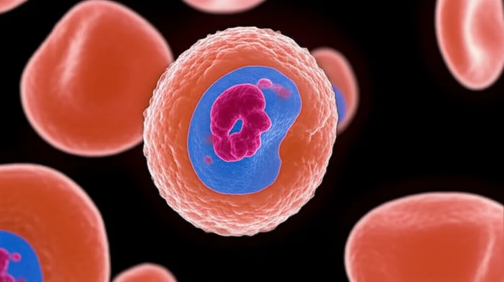 Immagine macro di una goccia di sangue su una superficie di laboratorio sterile, messa a fuoco precisa sui globuli rossi, illuminazione controllata, lente macro 100mm, alta definizione, che simboleggia l'analisi del gruppo sanguigno ABO nel contesto della ricerca sul cancro al pancreas.