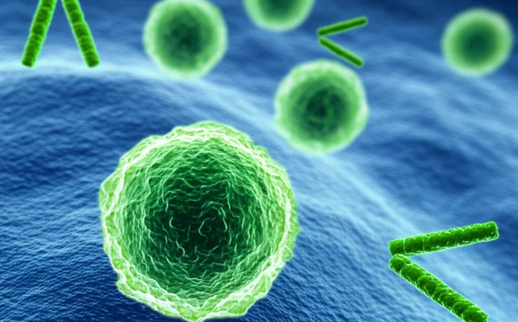 Visualizzazione astratta di cellule tumorali pancreatiche che interagiscono con molecole di chemioterapia (S-1 e Gemcitabina), rappresentate con colori diversi (es. blu e verde duotone), profondità di campo per focalizzare l'interazione, suggerendo la diversa efficacia dei farmaci in base a biomarcatori come il gruppo sanguigno.