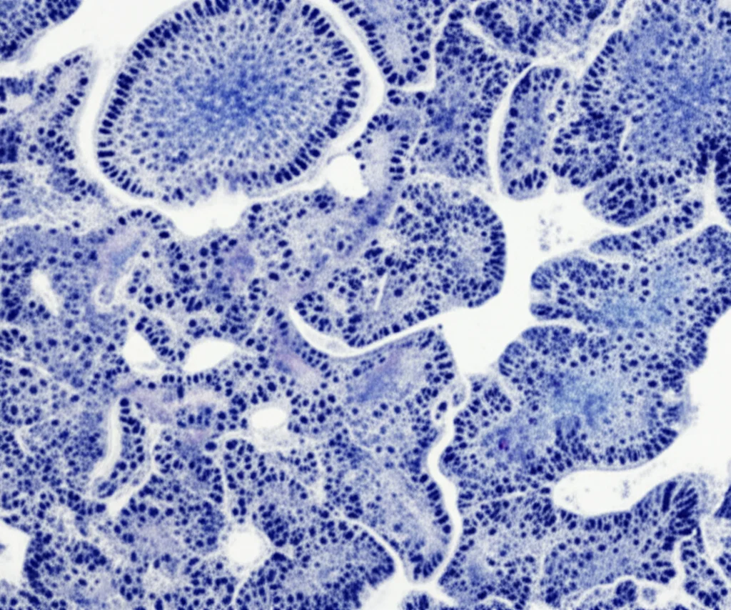 Microscopia ad alta risoluzione di un tessuto tumorale pancreatico colorato con immunoistochimica (IHC), mostrando l'espressione di antigeni sulla superficie cellulare, illuminazione da laboratorio controllata, lente macro 90mm, dettaglio elevato sulle cellule, evocando l'analisi molecolare nel tumore.