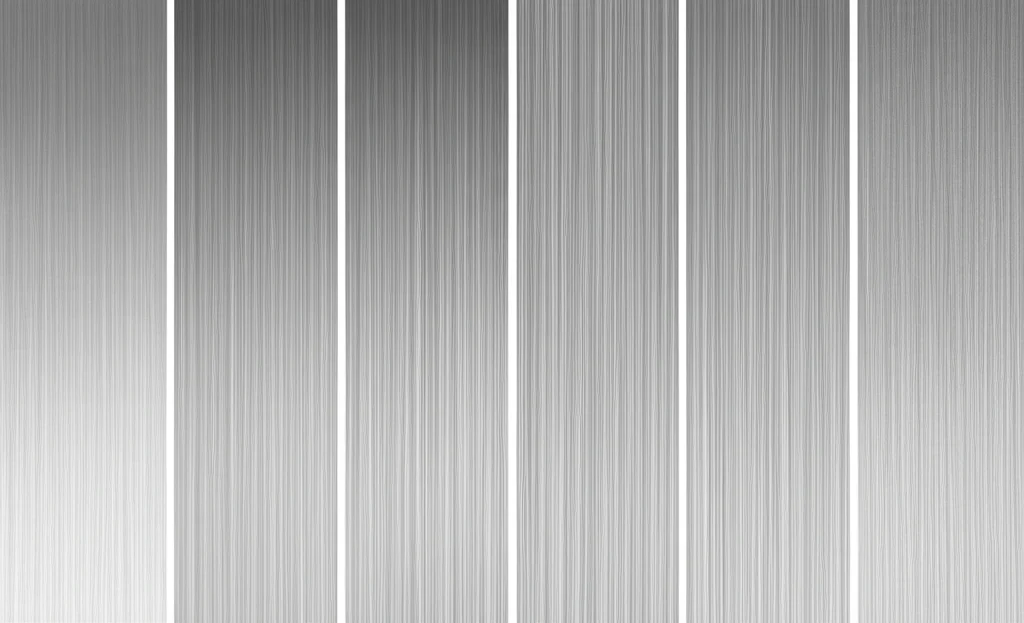 Immagine macro ad alta definizione di diverse superfici di acciaio inossidabile con differenti livelli di rugosità unidirezionale, ottenute tramite levigatura e lucidatura. Illuminazione controllata per evidenziare le texture. Obiettivo macro 100mm, alta definizione.