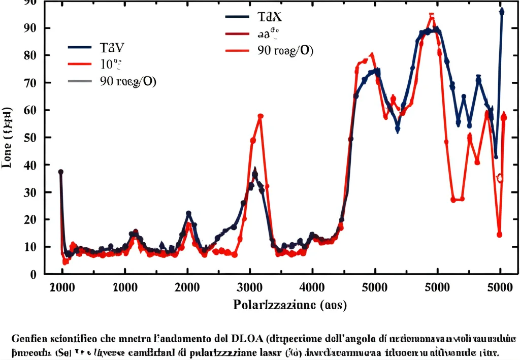 Grafico scientifico che mostra l'andamento del DLOA (dispersione dell'angolo di orientamento delle LIPSS) in funzione della rugosità superficiale (Sa) per diverse condizioni di polarizzazione laser (0 e 90 gradi) e direzioni di scrittura. Linee di tendenza evidenziano le differenze.