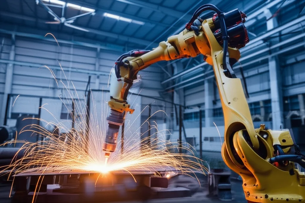 Fotografia wide-angle, obiettivo 20mm, che cattura un braccio robotico mentre esegue la Wire Arc Additive Manufacturing (WAAM) su una piastra metallica di base all'interno di un'officina industriale. Si vedono scintille volare mentre il materiale viene depositato strato su strato, con messa a fuoco nitida sull'arco elettrico. Illuminazione industriale, azione dinamica.