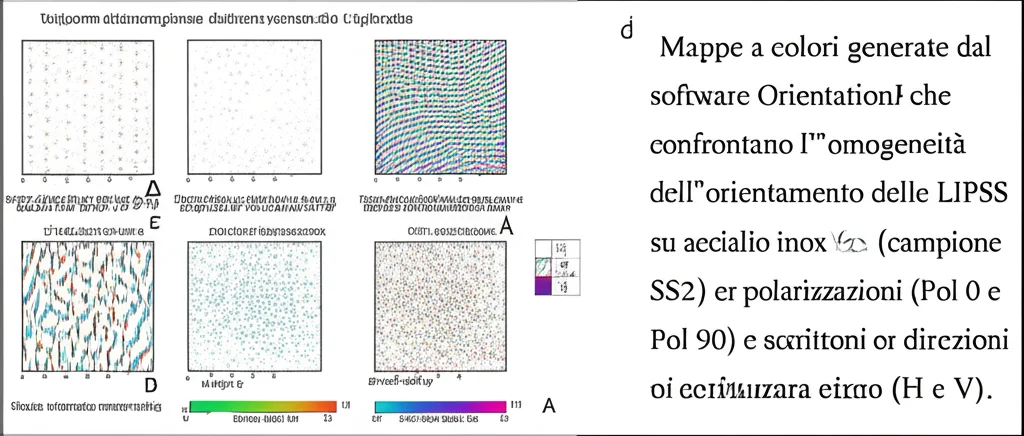 Mappe a colori generate dal software OrientationJ che confrontano l'omogeneità dell'orientamento delle LIPSS su acciaio inox (campione SS2) per diverse polarizzazioni (Pol 0 e Pol 90) e direzioni di scrittura (H e V). Colori uniformi indicano alta regolarità. Immagine scientifica comparativa.