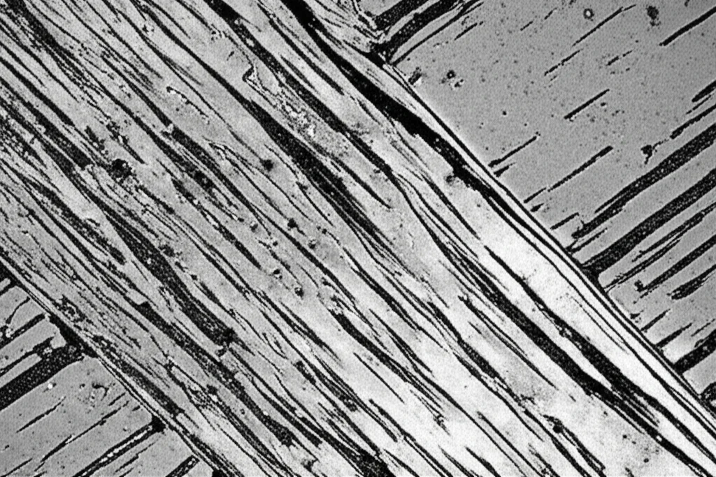 Fotografia macro, obiettivo 85mm, vista dettagliata di un campione metallico lucidato (lega P91) sotto un microscopio. L'immagine rivela la sua microstruttura con caratteristiche martensitiche ben definite. Alta risoluzione, illuminazione controllata da laboratorio, contesto scientifico.