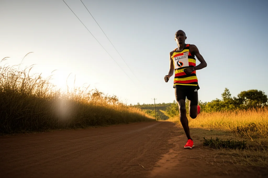 Fotografia sportiva di un giovane atleta ugandese di resistenza che corre su una strada sterrata nella regione di Sebei all'alba, teleobiettivo zoom 200mm, velocità dell'otturatore elevata, tracciamento del movimento, luce dorata del mattino, alta definizione.