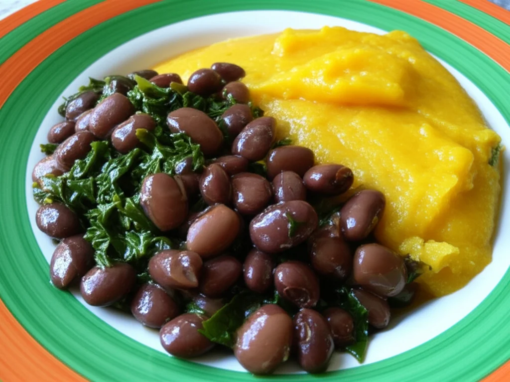 Fotografia still life di un piatto tradizionale ugandese con posho (farina di mais), fagioli e verdure verdi (sukuma wiki), obiettivo macro 90mm, alta definizione, messa a fuoco precisa sui dettagli del cibo, illuminazione controllata e naturale laterale.