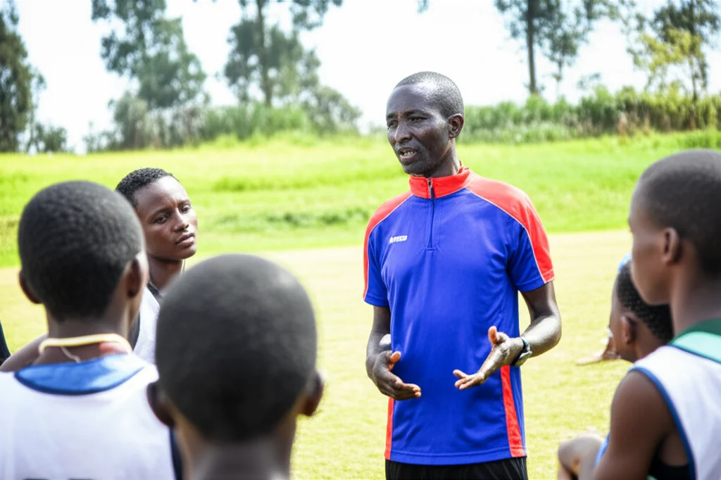 Ritratto di un allenatore di atletica ugandese che parla con un gruppo di giovani atleti adolescenti in un campo di allenamento all'aperto nella regione di Sebei, obiettivo prime 35mm, profondità di campo ridotta per focalizzare sull'interazione, luce naturale pomeridiana, atmosfera di apprendimento.