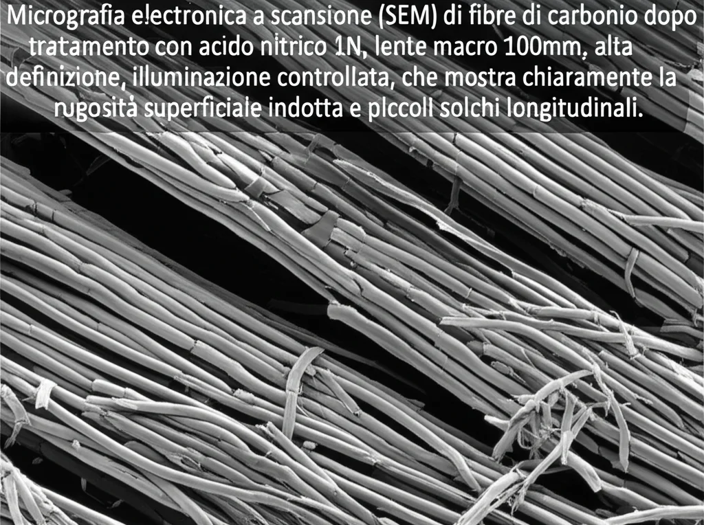 Micrografia elettronica a scansione (SEM) di fibre di carbonio dopo trattamento con acido nitrico 1N, lente macro 100mm, alta definizione, illuminazione controllata, che mostra chiaramente la rugosità superficiale indotta e piccoli solchi longitudinali.