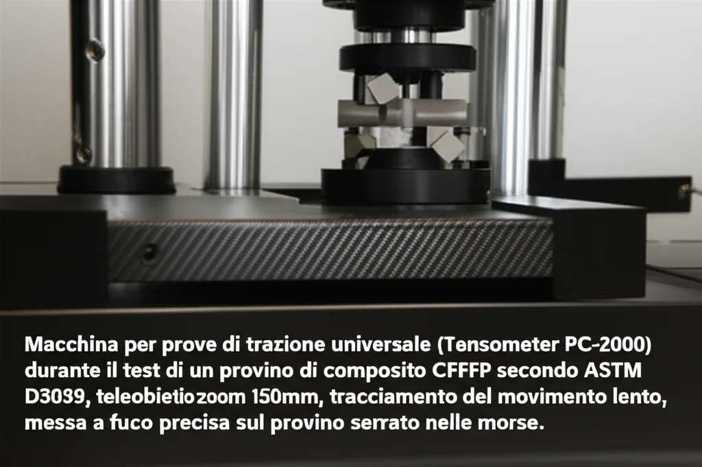 Macchina per prove di trazione universale (Tensometer PC-2000) durante il test di un provino di composito CFRP secondo ASTM D3039, teleobiettivo zoom 150mm, tracciamento del movimento lento, messa a fuoco precisa sul provino serrato nelle morse.