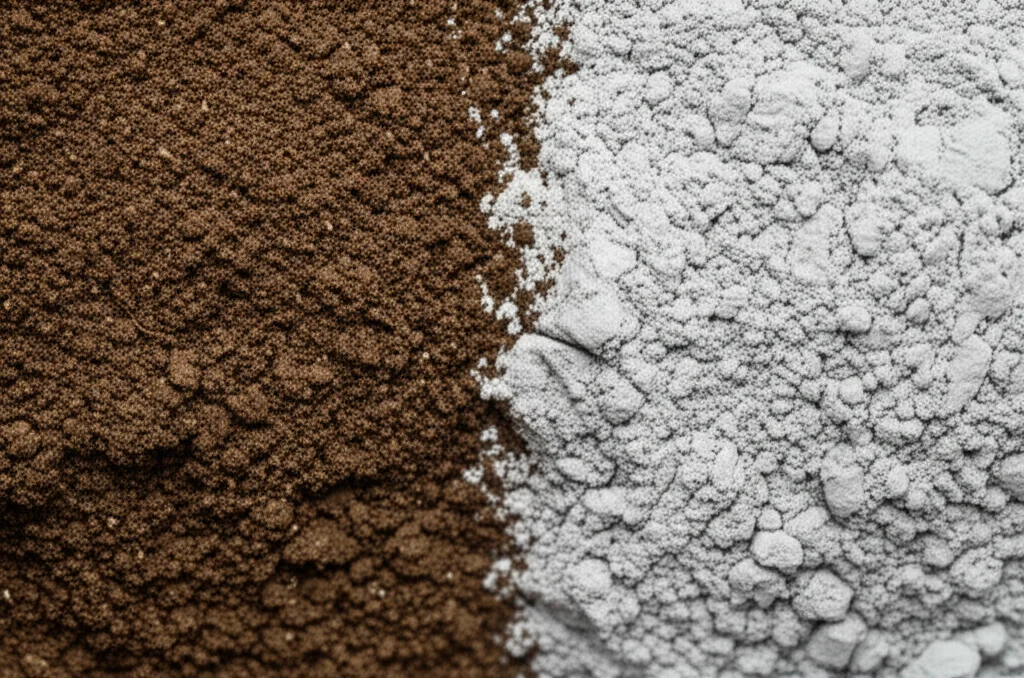 Macro fotografia, obiettivo 80mm, che mostra affiancati la polvere fine e marrone scuro del residuo di foglie di cajeput e la polvere grigio chiaro dell'argilla, alta definizione, messa a fuoco precisa, illuminazione controllata da studio.