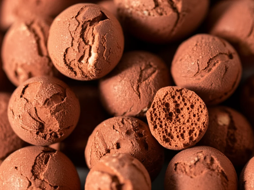 Fotografia still life, obiettivo macro 100mm, che mostra le palline finali di LECA rosso-mattone, alcune intere e altre spezzate per rivelare la struttura interna porosa, alta definizione, illuminazione controllata che enfatizza la texture.