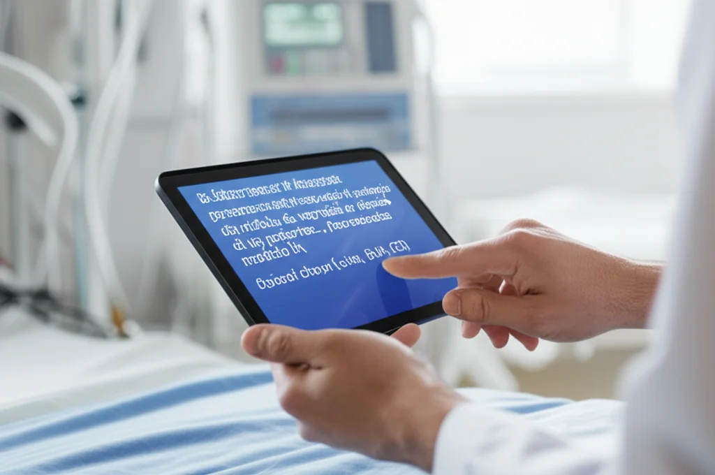 Primo piano delle mani di un medico o infermiere che utilizzano un tablet in ambiente ICU. Sullo schermo del tablet è visibile un'interfaccia grafica che mostra il punteggio di rischio di mortalità di un paziente calcolato da un modello IA, con i fattori chiave (urine, BUN, CCI) evidenziati. Fotografia still life, obiettivo macro 60mm, messa a fuoco precisa sullo schermo e sulle mani, sfondo clinico leggermente sfocato.