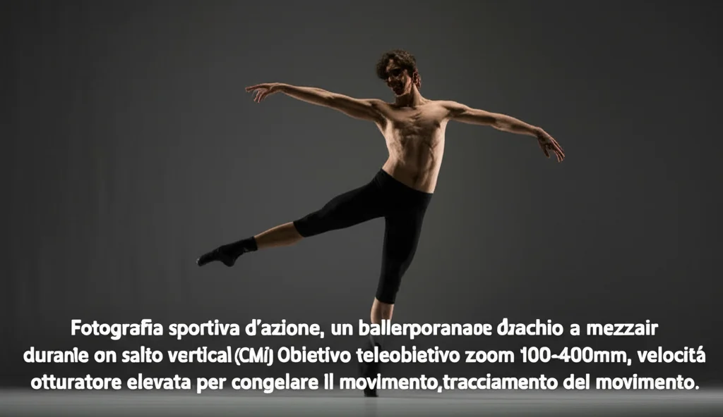 Fotografia sportiva d'azione, un ballerino contemporaneo maschio a mezz'aria durante un salto verticale (CMJ) in uno studio di danza. Obiettivo teleobiettivo zoom 100-400mm, velocità otturatore elevata per congelare il movimento, tracciamento del movimento.