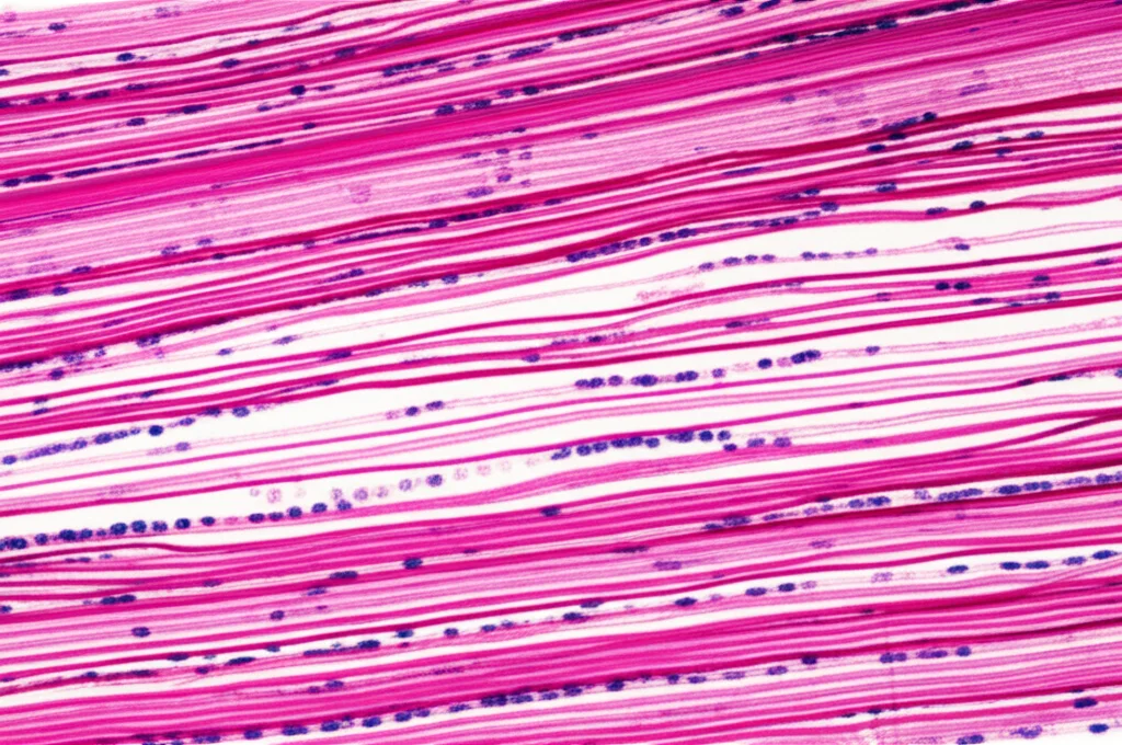 Macro fotografia di fibre muscolari umane viste al microscopio, con colori vivaci che ne evidenziano la struttura. Obiettivo macro 100mm, illuminazione scientifica controllata, altissimo dettaglio, messa a fuoco precisa.
