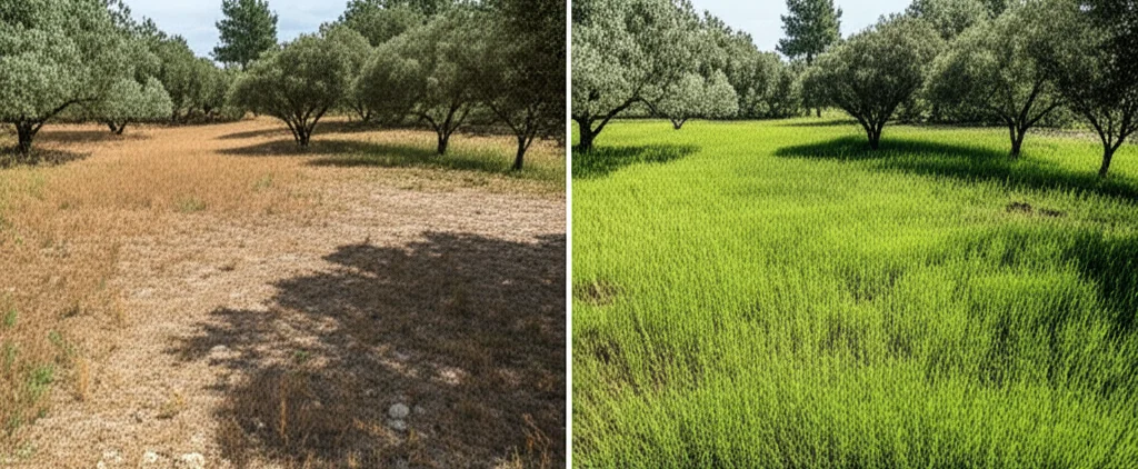 Paesaggio mediterraneo che mostra la stessa area in due condizioni: una più secca con vegetazione stressata e una più verde dopo abbondanti piogge, wide-angle 15mm, luce naturale contrastante, per illustrare la stabilità delle strategie idriche relative delle piante nonostante le variazioni climatiche.