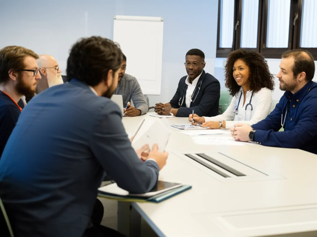 Fotografia di un gruppo multiculturale di ricercatori, clinici e persone con esperienza diretta (PWLE) seduti attorno a un tavolo rotondo in una sala riunioni luminosa. Stanno discutendo animatamente, con documenti e tablet sparsi sul tavolo. Obiettivo prime 35mm, profondità di campo media per mettere a fuoco il gruppo ma sfocare leggermente lo sfondo, luce naturale controllata.