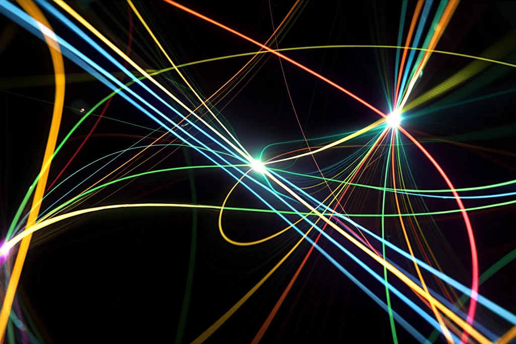 Visualizzazione astratta del grafo delle curve di una superficie complessa, con nodi luminosi collegati da linee intricate che rappresentano le relazioni tra curve, stile wide-angle 15mm, sharp focus, high detail, colori vibranti su sfondo scuro.