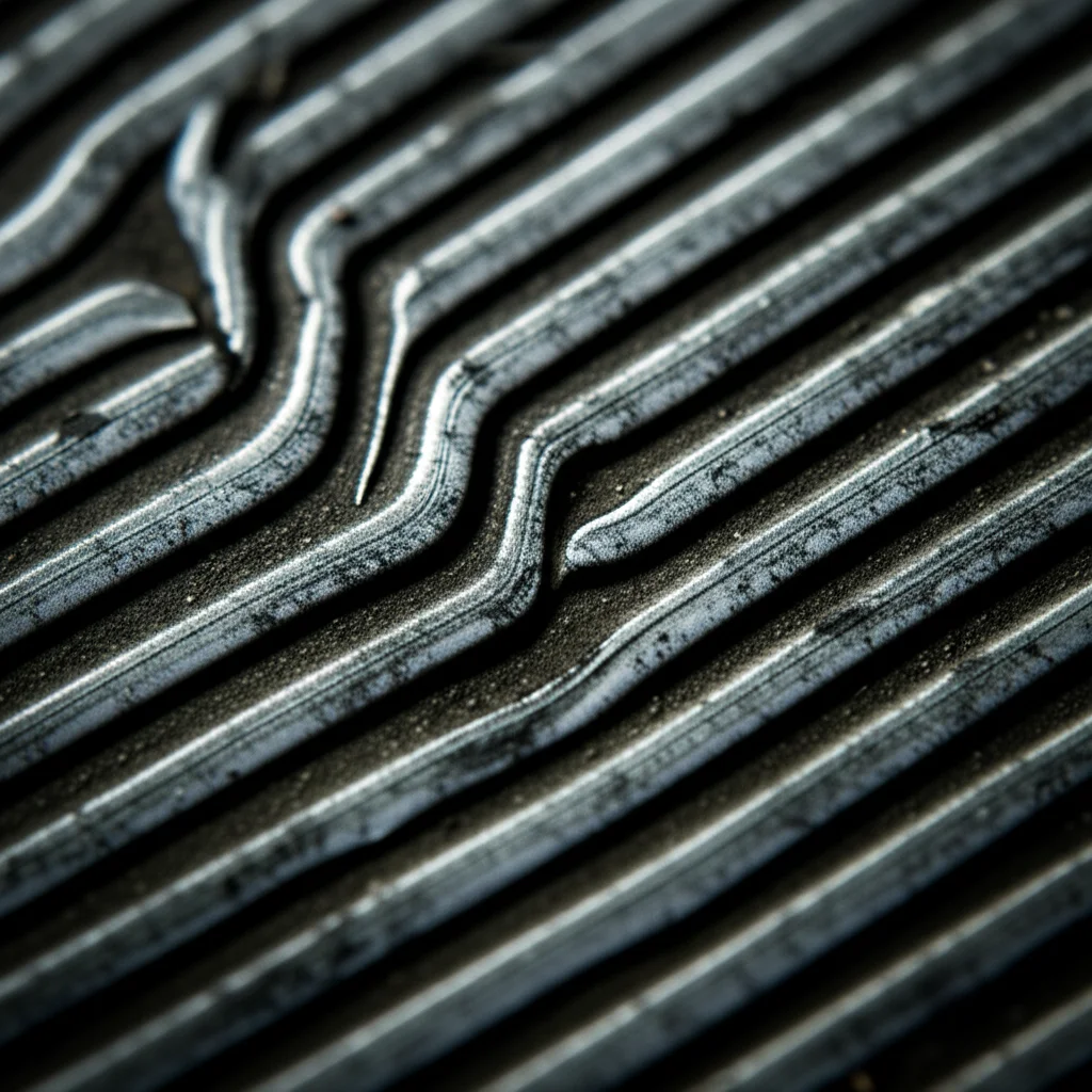 Primo piano macro di una struttura simile a binari ferroviari (train track) su una superficie texturizzata, con alcuni binari che si dividono (split) o si attorcigliano (twist), 85mm macro lens, high detail, precise focusing, luce radente controllata.