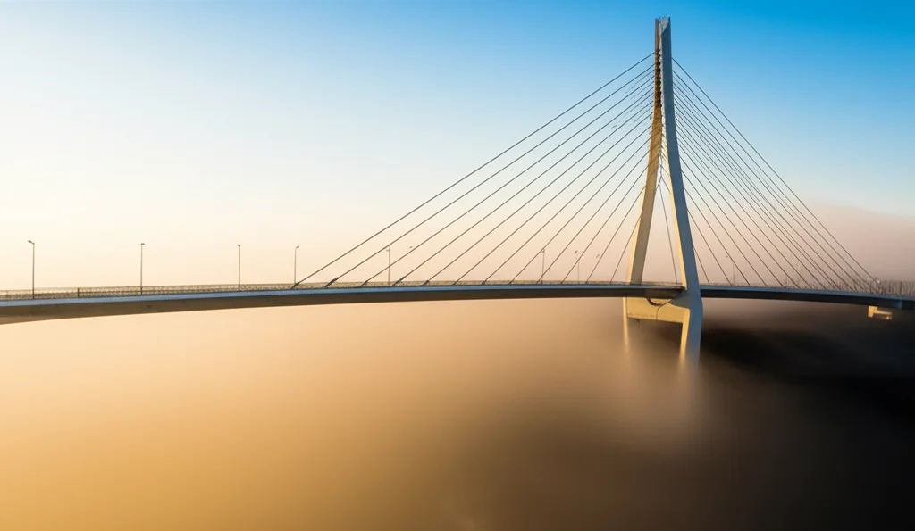 Immagine concettuale di un ponte luminoso e moderno che collega due sponde separate da un vuoto, rappresentando il passaggio dalle lacune nelle prove scientifiche (gaps) a linee guida cliniche solide (guidelines). Stile fotorealistico, luce soffusa dell'alba, obiettivo grandangolare 15mm per enfatizzare l'ampiezza del vuoto e la solidità del ponte, lunga esposizione per nuvole eteree.