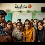A diverse group of Egyptian adolescents interacting in a school or community setting, 35mm portrait, depth of field, capturing a mix of urban and rural characteristics, realistic.