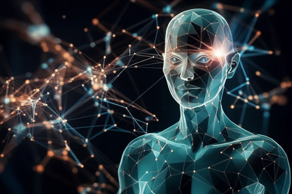 Photorealistic image of a complex software dependency graph being analyzed by an abstract AI entity, macro lens, high detail, precise focusing, controlled lighting.