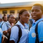 Secondary school students in Nsukka, Nigeria, gathered together, perhaps in a schoolyard or classroom, representing the study population. 35mm portrait, depth of field, golden hour lighting.