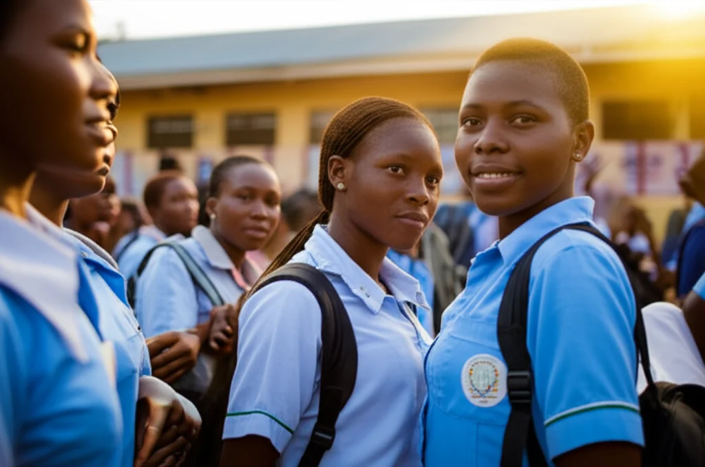 Secondary school students in Nsukka, Nigeria, gathered together, perhaps in a schoolyard or classroom, representing the study population. 35mm portrait, depth of field, golden hour lighting.