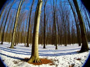 Wide-angle, 10mm, landscape of a northern hardwood forest in early spring with patches of melting snow on the ground. Sunlight filters through the bare branches of sugar maples and beech trees. Sharp focus, long exposure to convey a sense of quiet transition and the importance of snowmelt.