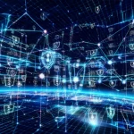 Wide-angle view of a secure distributed network, showing data nodes and abstract protection symbols, high detail, representing advanced cyberattack defense.