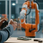 Fotografia stile industriale di un operatore che utilizza un gamepad nero per programmare un braccio robotico collaborativo KUKA LBR IIWA bianco e arancione in un ambiente di fabbrica moderno e luminoso. L'operatore è concentrato sul gamepad, il robot è in movimento vicino a un banco da lavoro con componenti geometrici in legno. Obiettivo 35mm, profondità di campo ridotta per focalizzare sull'interazione uomo-robot, colori industriali (grigio, bianco, arancione).
