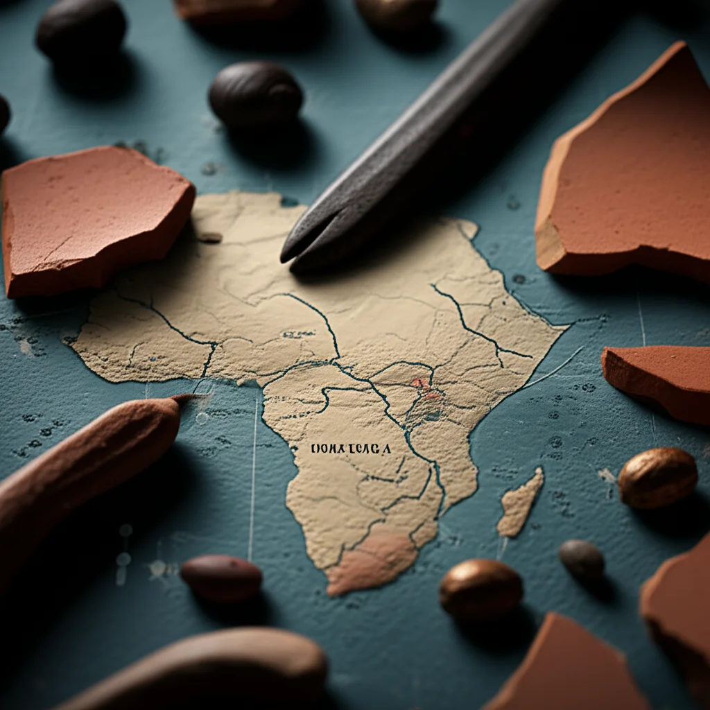 Photorealistic image depicting a mix of archaeological artifacts from eastern Africa (e.g., pottery shard, iron tool fragment, charred seed) arranged around a detailed map of the region, overlaid with subtle data points or timelines. The image uses a 35mm lens with depth of field to focus on the artifacts and map, creating a sense of historical depth and data integration.