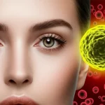 Photorealistic portrait of healthy skin overlaid with microscopic view of pollution particles and a glowing representation of luteolin molecule, macro lens, high detail, controlled lighting