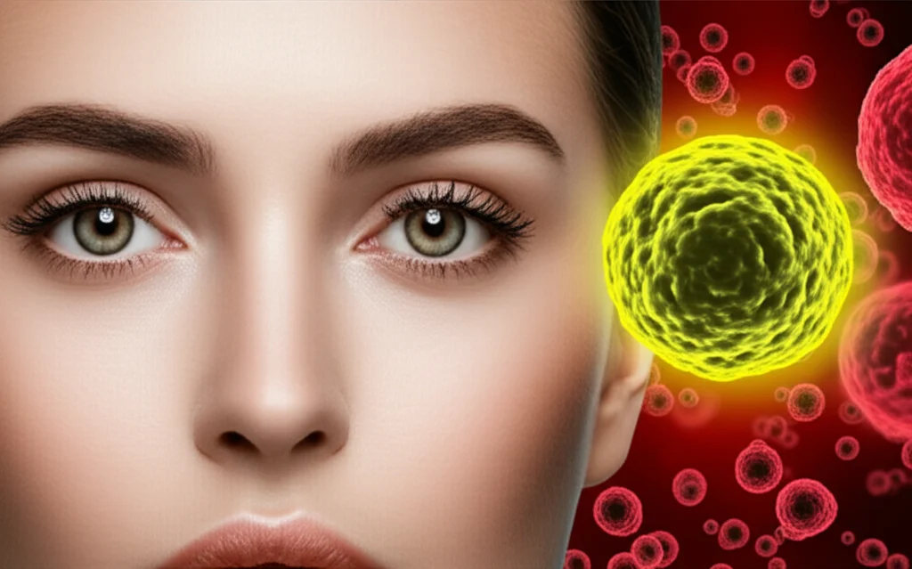 Photorealistic portrait of healthy skin overlaid with microscopic view of pollution particles and a glowing representation of luteolin molecule, macro lens, high detail, controlled lighting