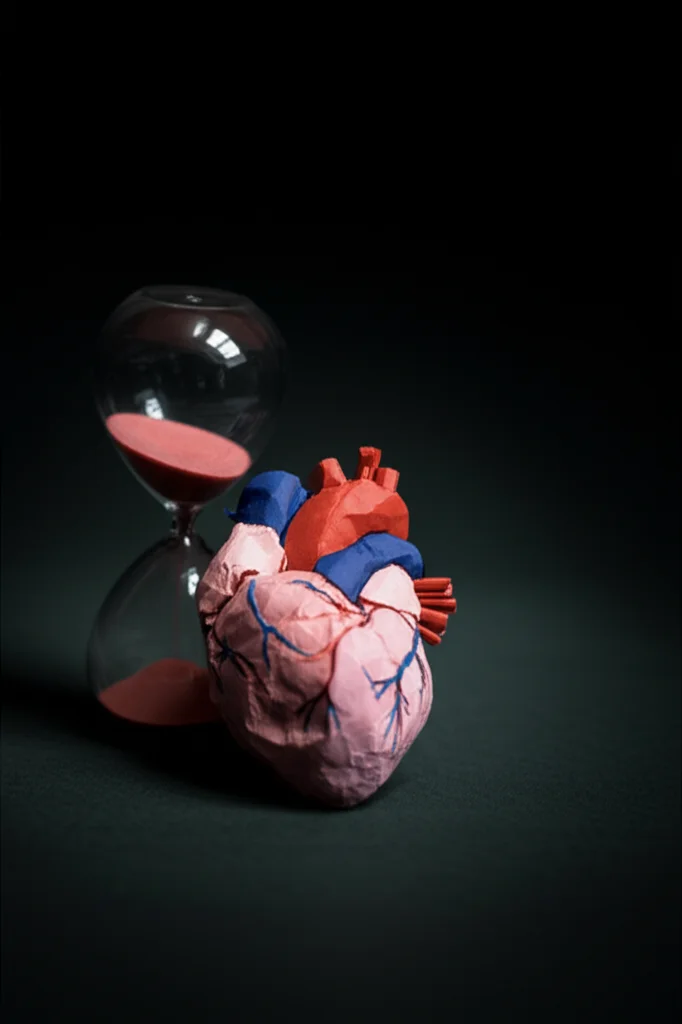 Fotografia still life con obiettivo macro 60mm, messa a fuoco precisa su un cuore anatomico stilizzato fatto di carta accartocciata e fragile posto accanto a una clessidra quasi vuota, su sfondo scuro con illuminazione drammatica e controllata, a simboleggiare la vulnerabilità della salute fisica e mentale legata al tempo e alle esperienze avverse.