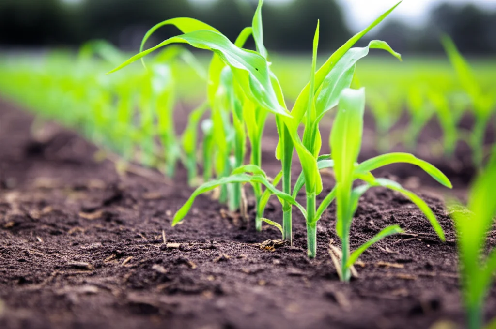 Macro fotografia di terreno agricolo fertile con alcune piccole piante di mais che spuntano, illuminazione controllata per evidenziare la texture del suolo, obiettivo macro 100mm, alta definizione.