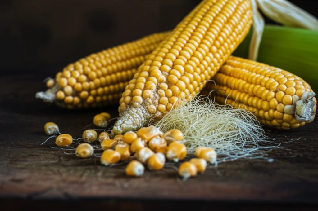 Fotografia still life di pannocchie di mais mature e dorate, alcune sgranate mostrando i chicchi, su un tavolo rustico, obiettivo macro 85mm, messa a fuoco precisa sui chicchi, illuminazione laterale morbida.