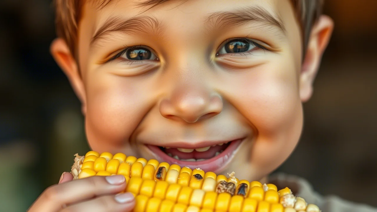 Ritratto fotografico di un bambino sorridente che mangia una pannocchia di mais, luce naturale calda, profondità di campo ridotta per sfocare lo sfondo, obiettivo prime 50mm, stile documentaristico.